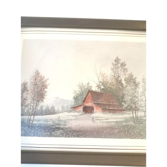 VINTAGE S. ABUTT Framed Art Prints Set of 2 | Red Barn in Winter & Snowy Tree - Picture 8 of 10